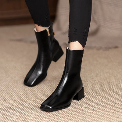 Fashion Women Boots Square Toe Zipper Mid Square Heel Short Ladies Boots Office Lady Gentle Solid Color Patent Female Shoes