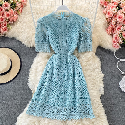 Young Gee Luxury Designer White Dresses Women High Waist Elegant Short Sleeve Mini Female Vintage O-neck Dress Vestidos Mujer