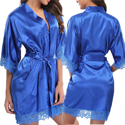 Silk Lace Dress Women's Sleepwear Mini Robe Half Sleeve Lace Bathrobe Sexy Lingerie Night Gown Thongs Nightdress