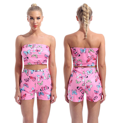 Women Summer Butterfly Print Outfit Sweet Suit Active Wear Two Piece Set Tracksuit Strapless Tube Crop Top High Waist Shorts Set