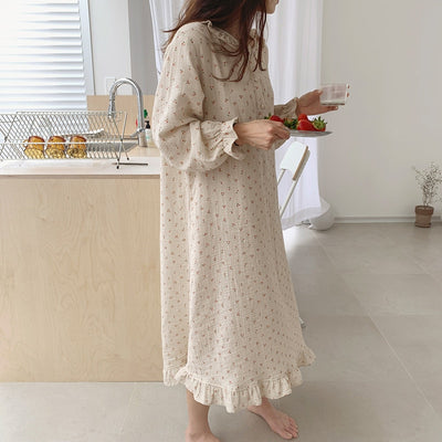 Ruffles Sleep Dress Women Long Sleeve Kawaii Cherry Print Korean Sleepwear Homewear Long Dress Autumn Elegant Casual Loose A001