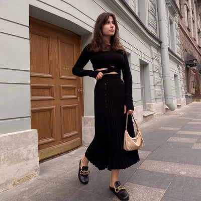 Cryptographic Autumn Winter Long Sleeve Fashion Outfits Bandage Top and Pleated Skirts Dress Sets Women Knitted Matching Sets