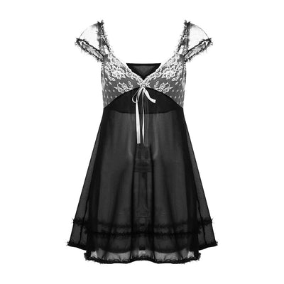 Dourbesty Y2K Fairycore Vintage Kawaii Dress Patchwork Mesh Lace Sexy V-neck Ruffles A-line Dress 2000s Goth Grunge Dresses