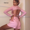 Pink Active Wear Two Piece Set Women Sexy Backless Long Sleeve Crop Top Shorts Tracksuit Womens Summer Loungewear Set