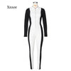 Spring and Autumn Women's Sexy Long Sleeve High Waist Catsuit Rib Knit Color Block One Piece Dress Lady