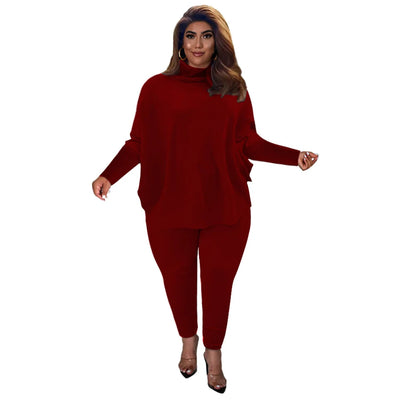 Knitted Plus Size Women 2 Piece Set Casual Solid Bat Sleeve Split Knit Top Trousers Ribbed Pit Strip Matching Fall Winter Outfit