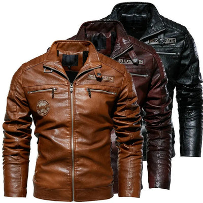 New Autumn and Winter Men's High Quality Fashion Coat Leather Jacket Motorcycle Style Casual Waterproof Jacket Black Warm Coat