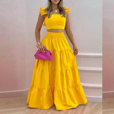 women's solid color mid-waist trend sexy suspenders big swing skirt two-piece suit