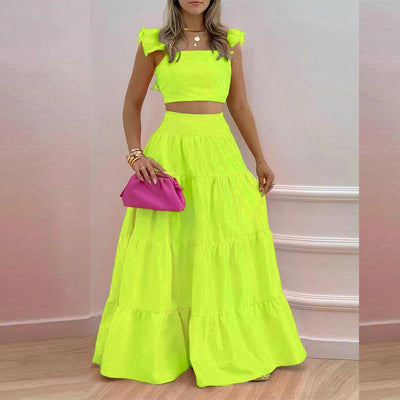 women's solid color mid-waist trend sexy suspenders big swing skirt two-piece suit