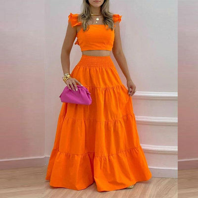 women's solid color mid-waist trend sexy suspenders big swing skirt two-piece suit