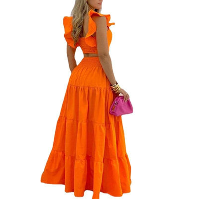 women's solid color mid-waist trend sexy suspenders big swing skirt two-piece suit