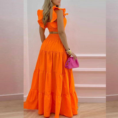 women's solid color mid-waist trend sexy suspenders big swing skirt two-piece suit
