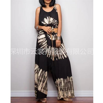 Summer New Women's Dress 2022 Vintage Street Fashion Casual Tie Dye Print Wide Leg Lace Loose Bodysuit Women