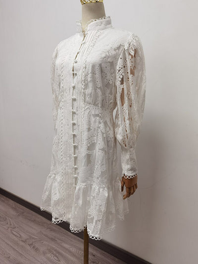 High Quality Spring Women's Fashion Designer Party Mini Dress Lantern Sleeve Gorgeous Lace Shirt Style White Print Dresses 1A264