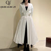 QHZ Designer Fashion Retro new Trench suit lapel long sleeved Jacquard Linen and cotton stitching large swing dress long coat