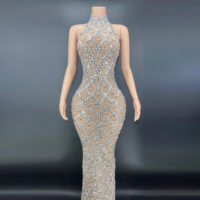 Sparkly Silver Big Rhinestone Transparent Long Dress Evening Birthday Celebrate Luxurious Costume Dancer Flashing Prom Dress