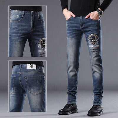 Summer High End Trendy Brand Printed Jeans Men Thin Slim Fit Skinny Trousers With Red Ears And Stretch Hand Embroidered Diamonds