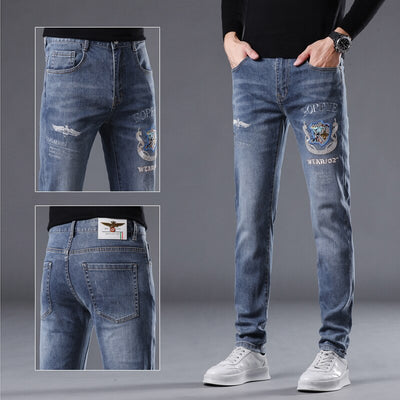 Summer High End Trendy Brand Printed Jeans Men Thin Slim Fit Skinny Trousers With Red Ears And Stretch Hand Embroidered Diamonds