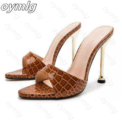 Summer women sandals snake print Strappy Mules high heels Slippers Sandals flip flops Pointed toe Slides Party shoes Woman