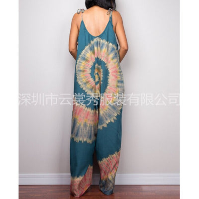 Summer New Women's Dress 2022 Vintage Street Fashion Casual Tie Dye Print Wide Leg Lace Loose Bodysuit Women