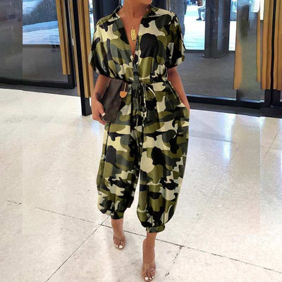 New Leopard Print Jumpsuit for Women Retro Short Sleeved Button Casual Pants Loose Fit Jump Suits for Women