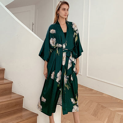 Female Long Robe Nightgown Print Crane Kimono Bathrobe Gown Sleepwear Spring Summer Casual Silk Satin Home Dress Lounge Wear