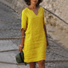 Cotton Linen Dress Vintage Casual V Neck Loose Waist Midi Beach Dress Women Clothing stitching retro solid color dress for women