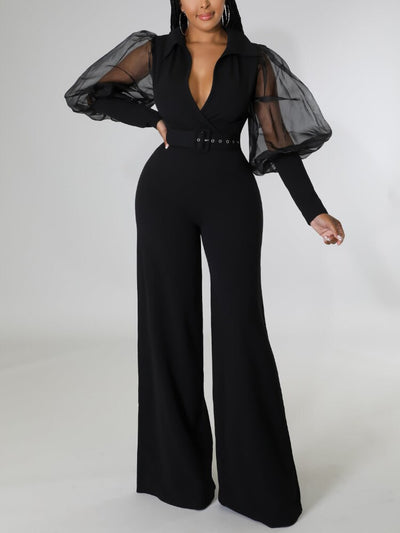 Jumpsuits for Women Dressy Wrapped V Neck Tulle Lantern Sleeve Belted Wide Leg Jump Suit Chic Party Club 1 Piece Outfits Romper