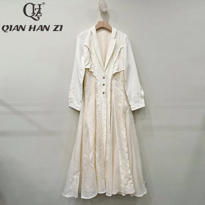 QHZ Designer Fashion Retro new Trench suit lapel long sleeved Jacquard Linen and cotton stitching large swing dress long coat