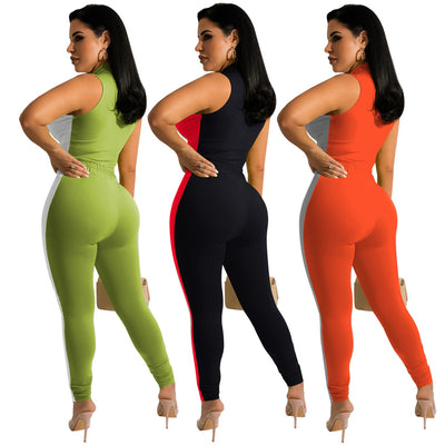 ANJAMANOR Fashion Sport One Piece Jumpsuit Colorblock Zip Up Sleeveless Bodycon Jump Suits for Women Wholesale Items D44-DZ34