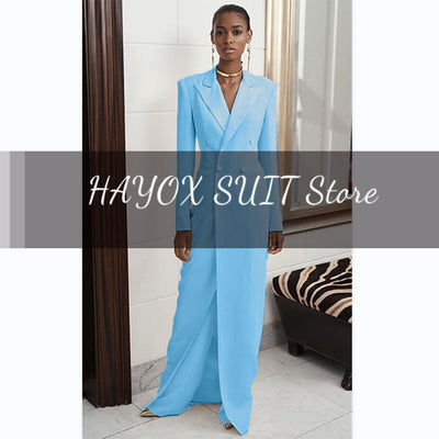 Women's Suits 2 Pieces Elegant Double Breasted Long Coat Women Slim Fit Party Dress Blazer Pants