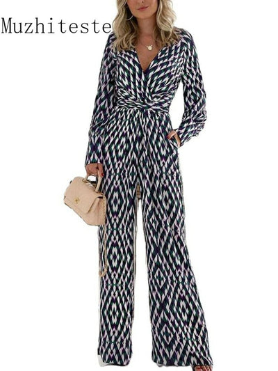 Spring Summer New In Women Jumpsuit Trend Geometric Figure Printing V-neck Slim Long-sleeved Trousers Jump Suits for Women