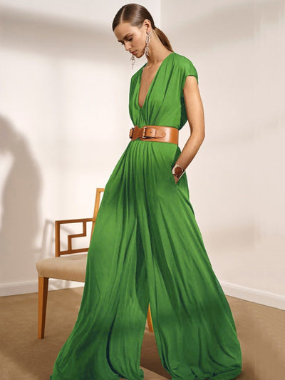 Onecozyday Urban Female Stylish Selection Wide Leg V-Neck Sexy Jumpsuits Summer Causal Going Out Jump Suits For Women With Belt