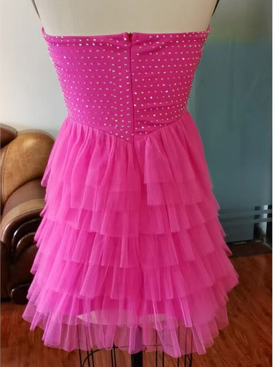 Strapless Tutu Tulle Cocktail Mini Dress Rose Red Tiered Short Dress With Rhinestone Glitter For Homecoming Prom Birthday Party