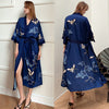Female Long Robe Nightgown Print Crane Kimono Bathrobe Gown Sleepwear Spring Summer Casual Silk Satin Home Dress Lounge Wear