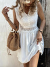Women White Mini Dress Elegant Lace Dress Female V Neck Sleeveless Short Dress Ladies Hollow Out High Waist Dress Summer
