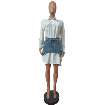Joskaa Solid Lapel Long Sleeve Single Breasted Shirt Dress and Irregular Denim Skirt Two Piece Set Women 2023 Cute Street Outfit