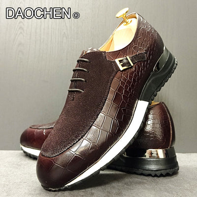 MEN CASUAL LEATHER SHOES LACE UP SPORT SHOES BLACK COFFEE MENS DRESS SHOES SUEDE PATCHWORK CROCODILE PRINTS SNEAKER SHOE FOR MAN