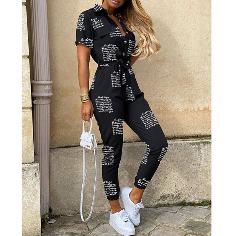 Summer  2023 Women Lapel Button Printed Belt Jumpsuit Women Elegance Short Sleeve Jump Suits for Women Overall