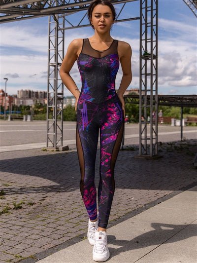 Gymdolphins 2023 Summer New Printed Sports Jumpsuits for Women Backless Patchwork Mesh Breathable Fitness Yoga Jump Suit