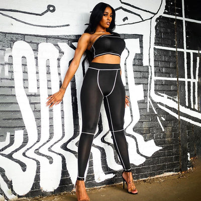 Sporty Women 2 Piece Set Active Wear Black 2021 Fitness Tracksuits One Shoulder Workout Crop Top And High Waist Leggings Sets