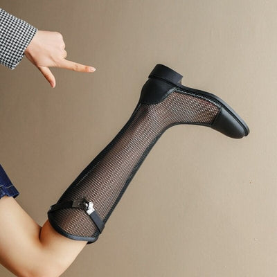 2022 Women Knee High Boots Patent Leather Mesh Hollow Zipper Mid Chunky Heel Soild Pointed Toe Autumn Lady Shoes Bota Feminina