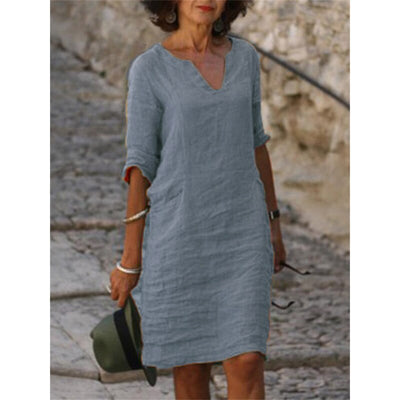 Cotton Linen Dress Vintage Casual V Neck Loose Waist Midi Beach Dress Women Clothing stitching retro solid color dress for women