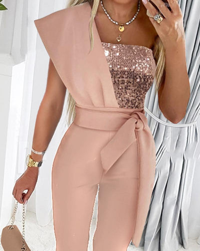 Chic Women Elegant Pink Full Bodysuits Sequin Prom One Piece Bodysuit Dresses Evening Outfit Overalls Jumpsuit Jumpsuits Clothes