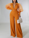 Jumpsuits for Women Dressy Wrapped V Neck Tulle Lantern Sleeve Belted Wide Leg Jump Suit Chic Party Club 1 Piece Outfits Romper