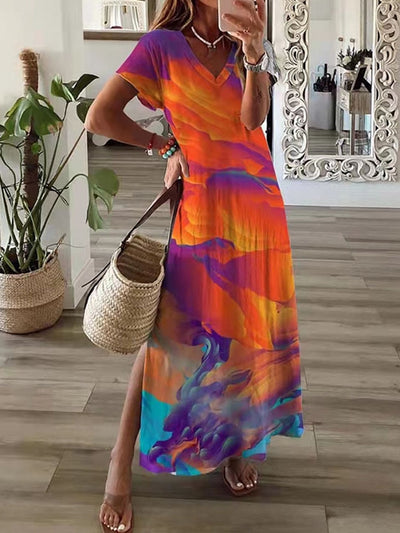 Boho Summer Beach Sundress Robe Female Casual Vintage Print Loose Long Dress Cover Up Women Hollow Short Sleeve Dress Cover-Ups