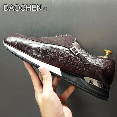 MEN CASUAL LEATHER SHOES LACE UP SPORT SHOES BLACK COFFEE MENS DRESS SHOES SUEDE PATCHWORK CROCODILE PRINTS SNEAKER SHOE FOR MAN