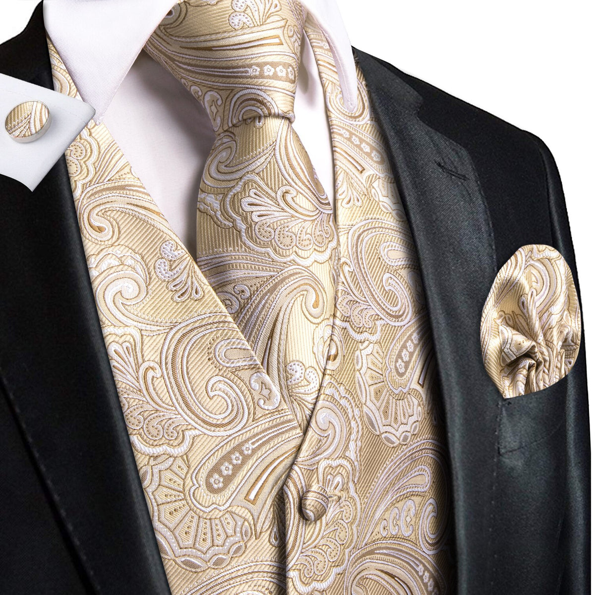 Hi-Tie 100% Silk Ivory Beige Champagne Gold Mens Vests Tie Hankerchief Cufflinks Set Jacquard Vine Waistcoat for Men Suit Dress