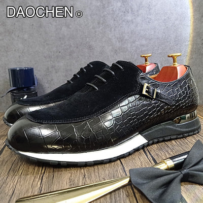 MEN CASUAL LEATHER SHOES LACE UP SPORT SHOES BLACK COFFEE MENS DRESS SHOES SUEDE PATCHWORK CROCODILE PRINTS SNEAKER SHOE FOR MAN