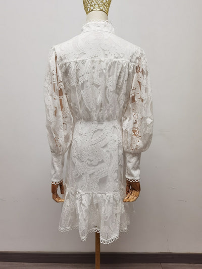 High Quality Spring Women's Fashion Designer Party Mini Dress Lantern Sleeve Gorgeous Lace Shirt Style White Print Dresses 1A264
